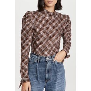 Veronica Beard Isabel Plaid Top Nutmeg Multi Puff Shoulder Mock Neck Size 8 / M
